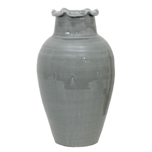 Large blue-grey terracotta vase with reactive glaze and softly ruffled rim on a white background.