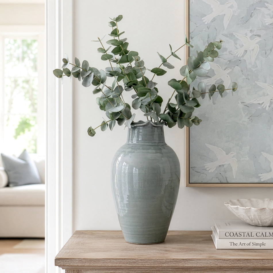 Large blue-grey reactive glaze vase styled with eucalyptus stems and wooden candlesticks.