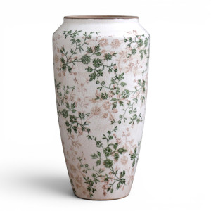 Front view of the tall Evergreen floral ceramic vase with green and blush botanical detail on white
