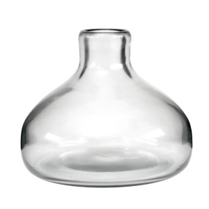 Front view of the rounded clear glass vase with a short narrow neck
