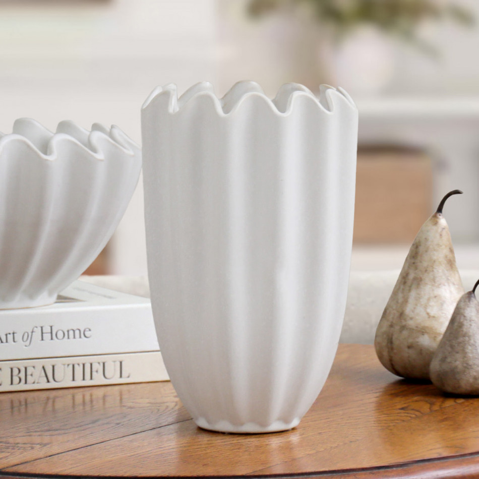 Amadora Fluted White Vase, decorative planter or flower display