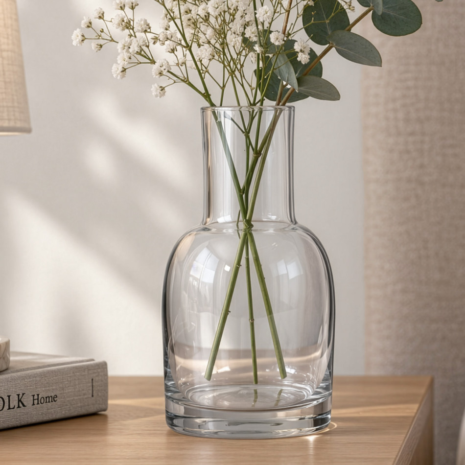 Clear bottle-shaped glass vase holding white flowers and eucalyptus on a wooden table