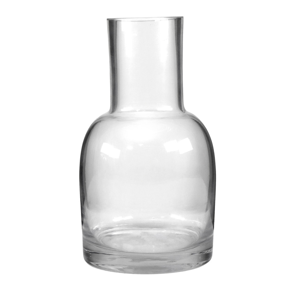 Front view of the empty Skylar clear glass vase with a rounded body and tall neck
