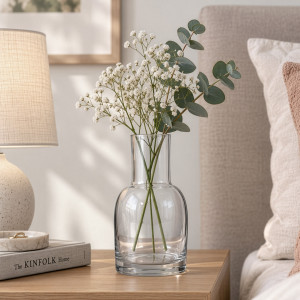 Small clear glass vase with flowers and eucalyptus styled on a bedside table