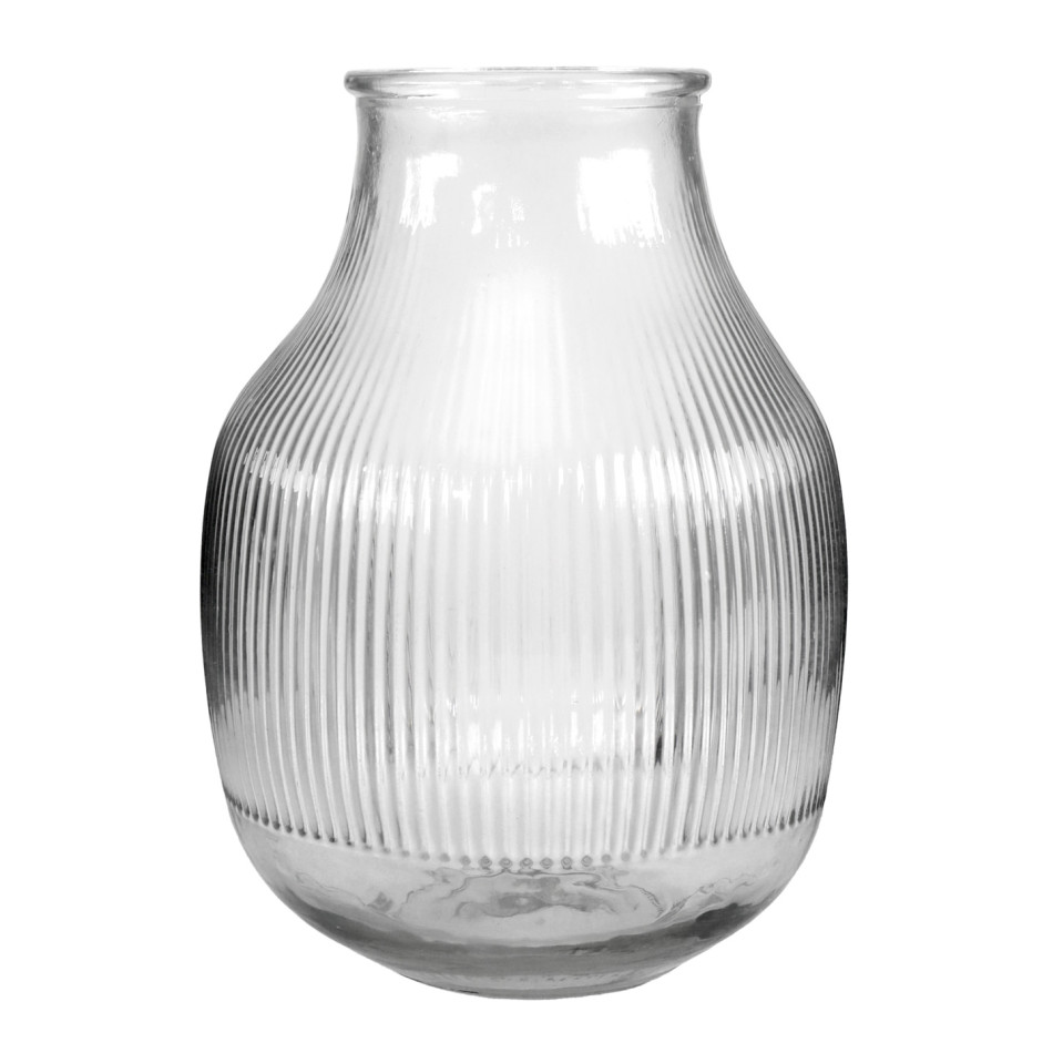 Front view of the empty clear glass vase with a rounded body and fine vertical ribbing