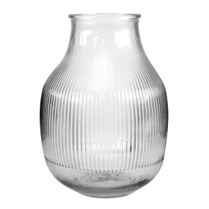 Front view of the empty clear glass vase with a rounded body and fine vertical ribbing