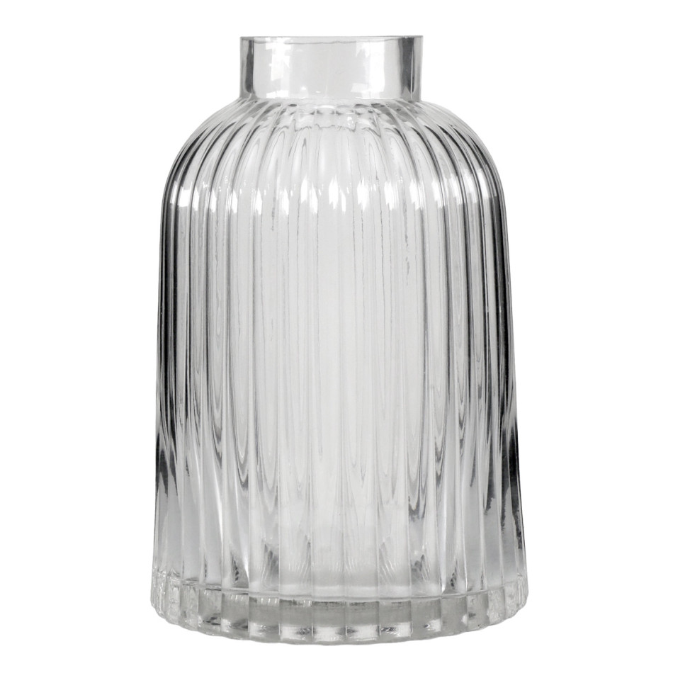 Front view of the empty tall clear glass vase with vertical ribbing and rounded shoulders