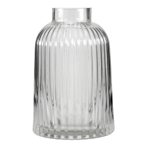 Front view of the empty tall clear glass vase with vertical ribbing and rounded shoulders