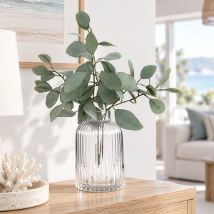 Tall clear glass vase with eucalyptus styled in a bright coastal living room