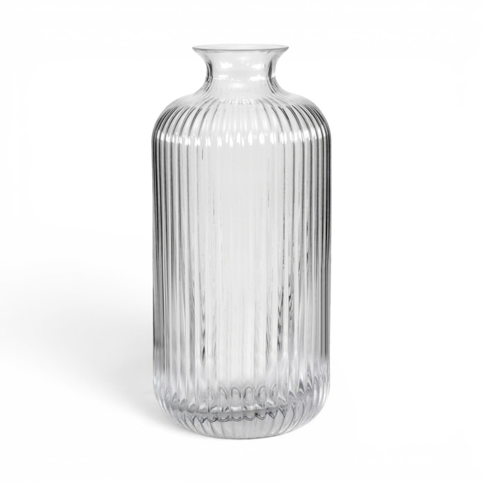 Empty tall clear glass vase with vertical ribbing, rounded shoulders and a flared rim