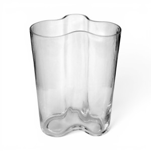 Angled view of the empty clear glass vase with a tall four-lobed ripple shape