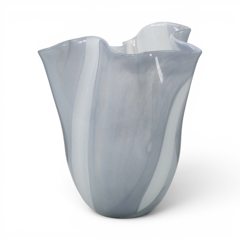 Front view of the empty sea grey handblown glass vase with sculpted curved panels
