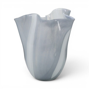 Front view of the empty sea grey handblown glass vase with sculpted curved panels
