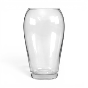 Clear glass vase with a tall inverted teardrop silhouette and rounded shoulders