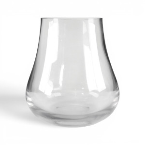 Clear glass vase with a rounded teardrop body and wide funnel-shaped opening