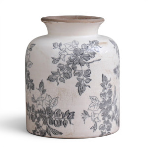Front view of the short Norwood grey floral ceramic vase with a flared neck on a white background