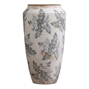 Front view of the tall Norwood grey floral ceramic vase with aged detailing on a white background