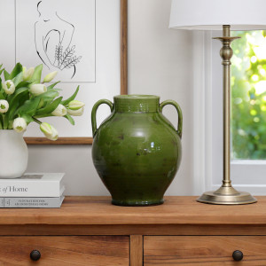 Small Salvada Green Urn Vase, designed as a sculptural vase for shelf, console or table styling