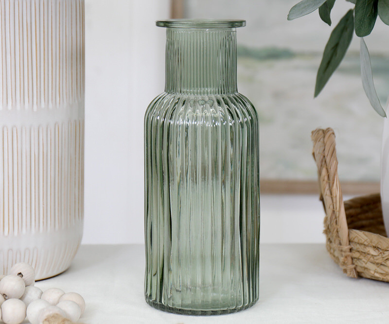 Ellis Ribbed Glass Vase - Green