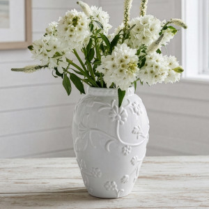 White Rosemont Embossed Vase, a decorative vessel for arranging flowers, foliage or tabletop displays