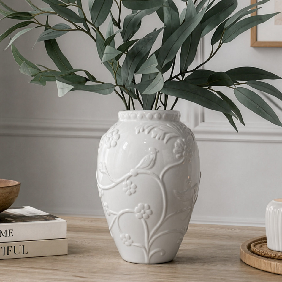 White Rosemont Embossed Vase, decorative planter or flower display