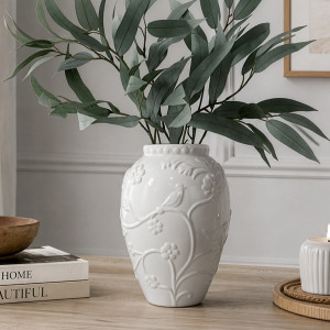White Rosemont Embossed Vase, designed as a sculptural vase for shelf, console or table styling