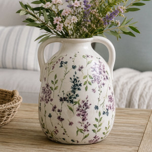 Rosewood floral ceramic vase with twin handles holding pink and purple flowers on a timber table