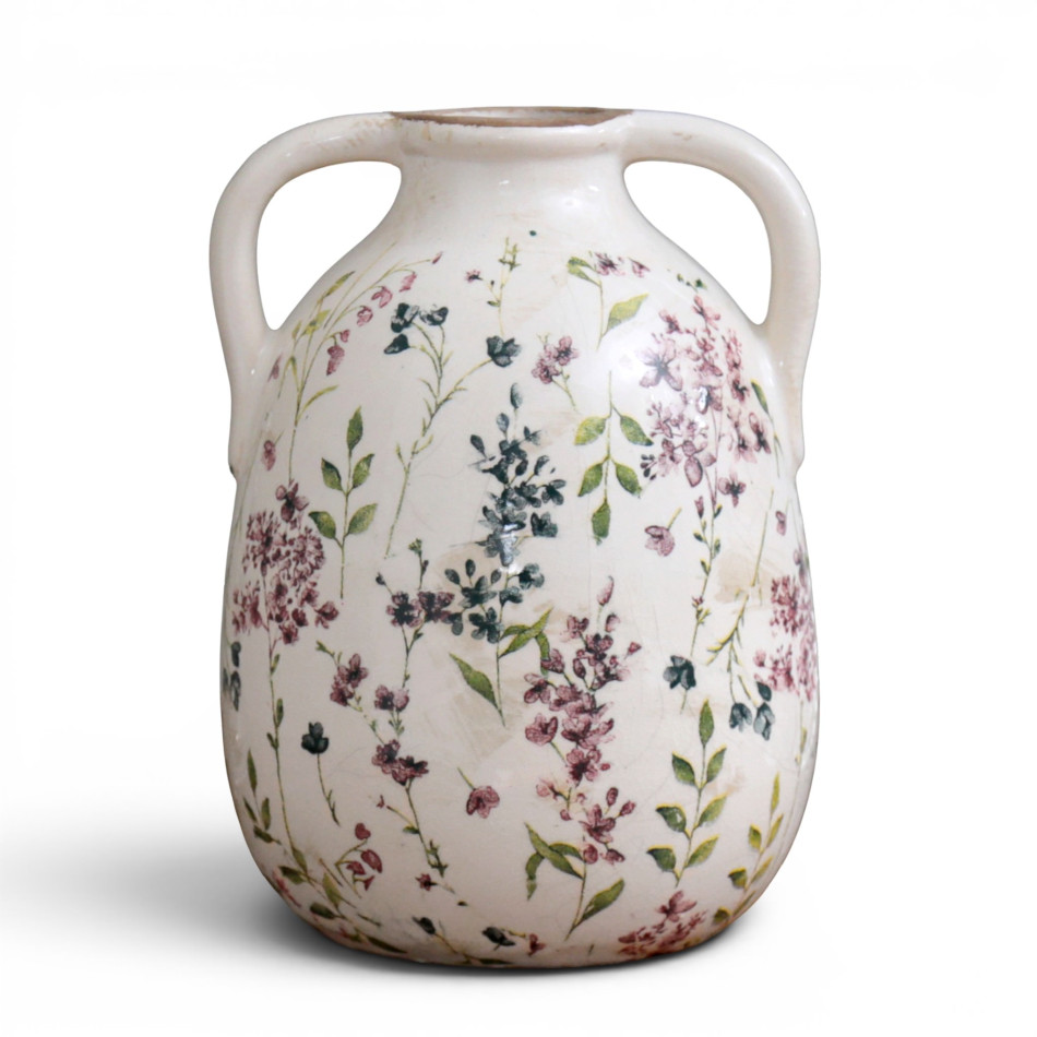 Front view of the Rosewood floral twin-handle vase with a rounded body on a white background
