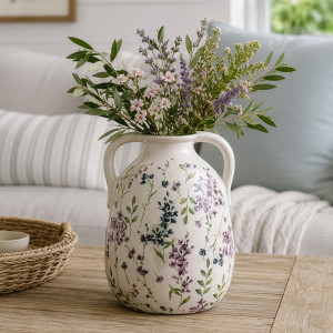 Rosewood floral vase filled with flowers and greenery in a softly styled living room