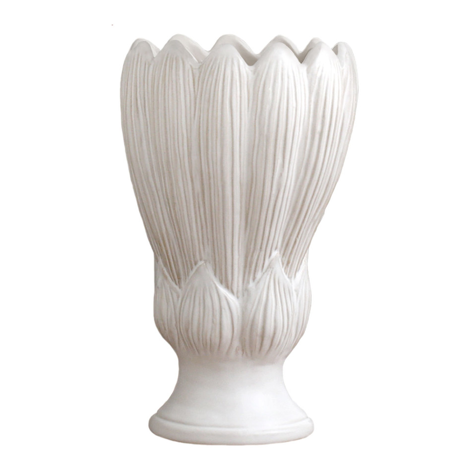Cream ceramic vase with finely ridged petals, pointed rim and raised pedestal base