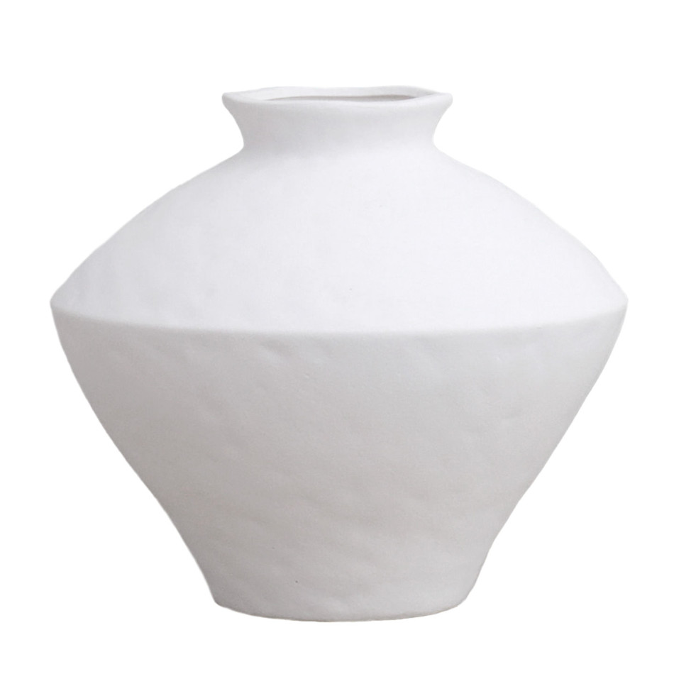 Wide white matt angular ceramic vase styled beside a taller matching vase with eucalyptus and two turned wooden candle holders.