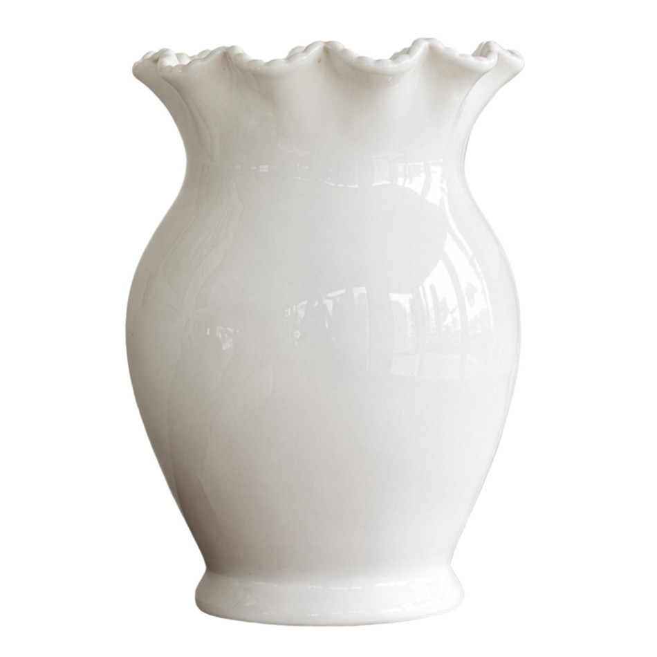 White glazed ceramic vase with a curved urn body and sculpted rope-inspired rim