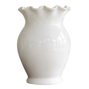White glazed ceramic vase with a curved urn body and sculpted rope-inspired rim