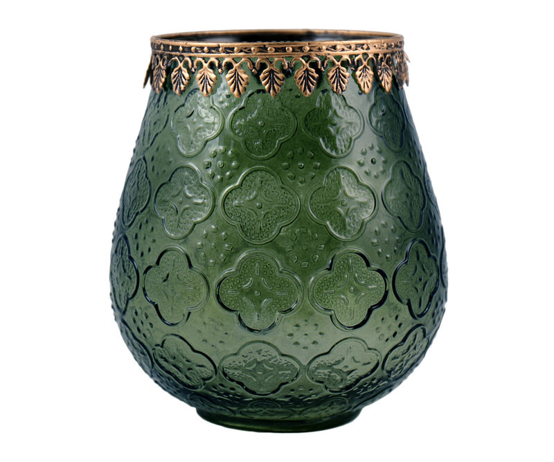 Penrose Embossed Glass Candle Holder - Forest Green