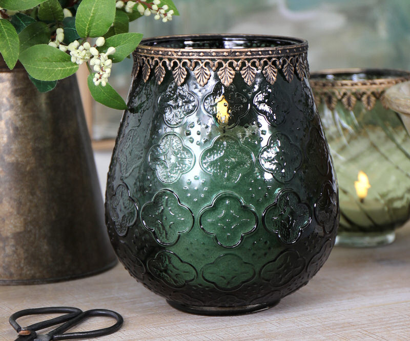Penrose Embossed Glass Candle Holder - Forest Green