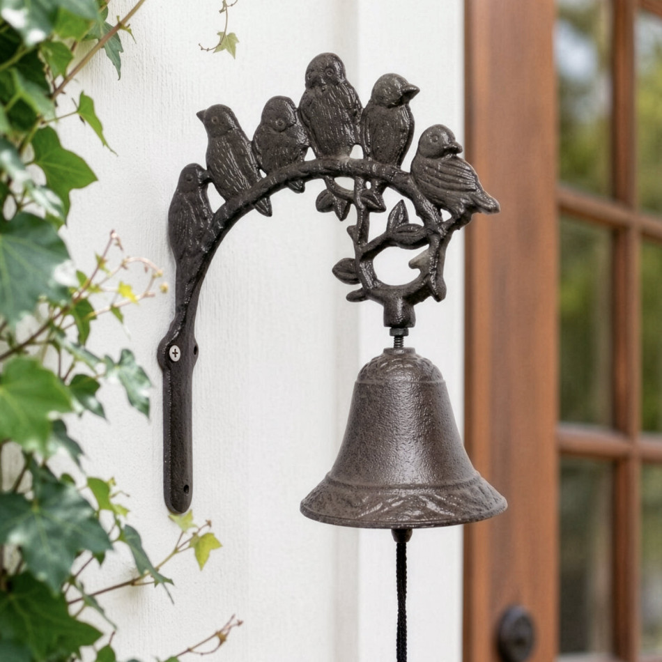 Rustic dark brown cast iron bird wall bell mounted beside a timber-framed doorway