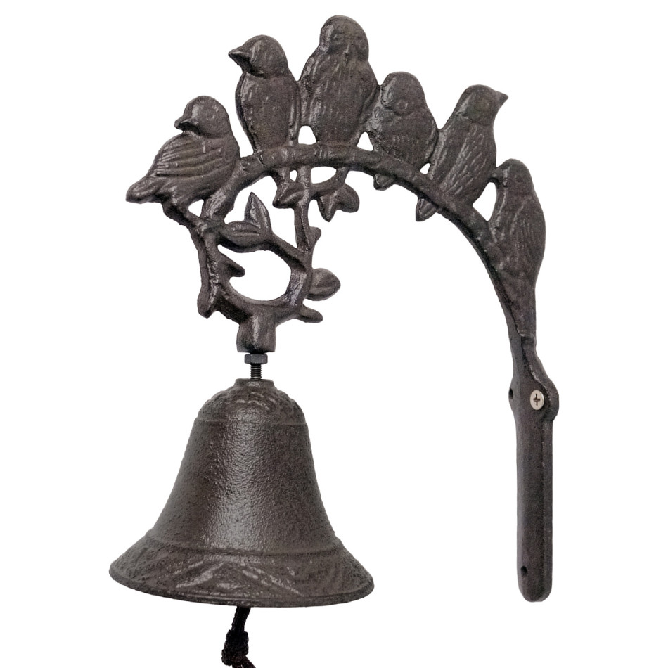Cast iron wall bell with seven birds perched across a curved leafy branch