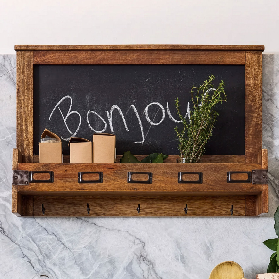 Bailey mango wood wall organiser with a blackboard, five key hooks and label holders, styled with packets and herbs