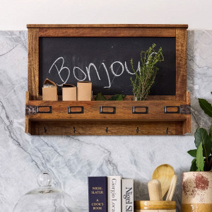 Bailey wooden blackboard organiser above a kitchen bench with cookbooks, utensils and a plant
