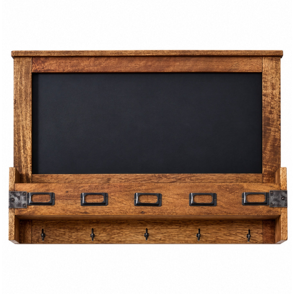 Front view of Bailey mango wood wall organiser with a blank blackboard, storage pocket and five key hooks