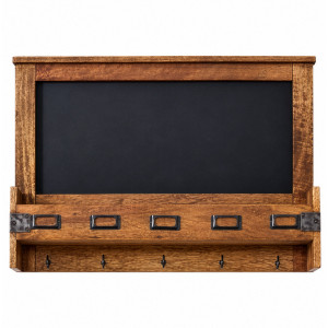 Front view of Bailey mango wood wall organiser with a blank blackboard, storage pocket and five key hooks