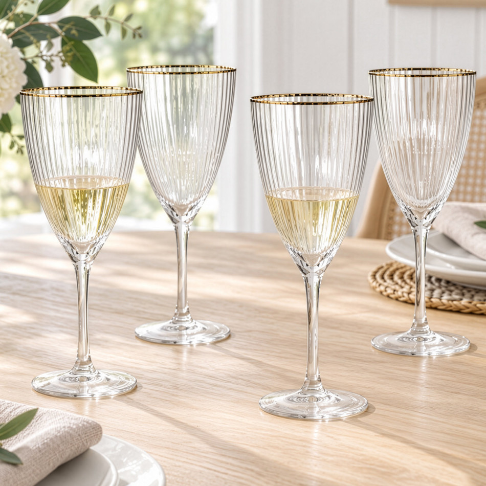 Four ribbed wine glasses with gold-coloured rims on a timber dining table, two holding white wine