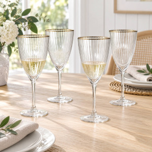 Four gold-rimmed ribbed wine glasses styled with white plates, linen napkins, woven placemats and flowers