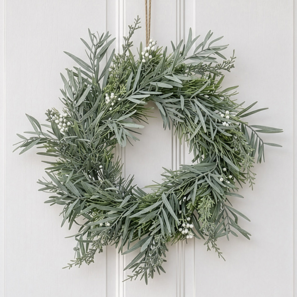 Mixed silver green foliage wreath with white berry accents hanging by twine against white panelling.