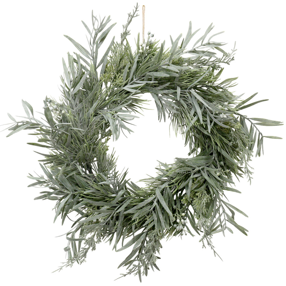 Mixed Silver Green Wreath with narrow leaves, feathery sprigs and white berries on a white background.
