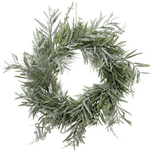 Mixed Silver Green Wreath with narrow leaves, feathery sprigs and white berries on a white background.