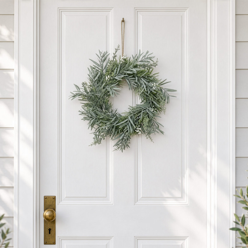 Silver green Christmas wreath hanging on a white panelled door with brass door hardware.