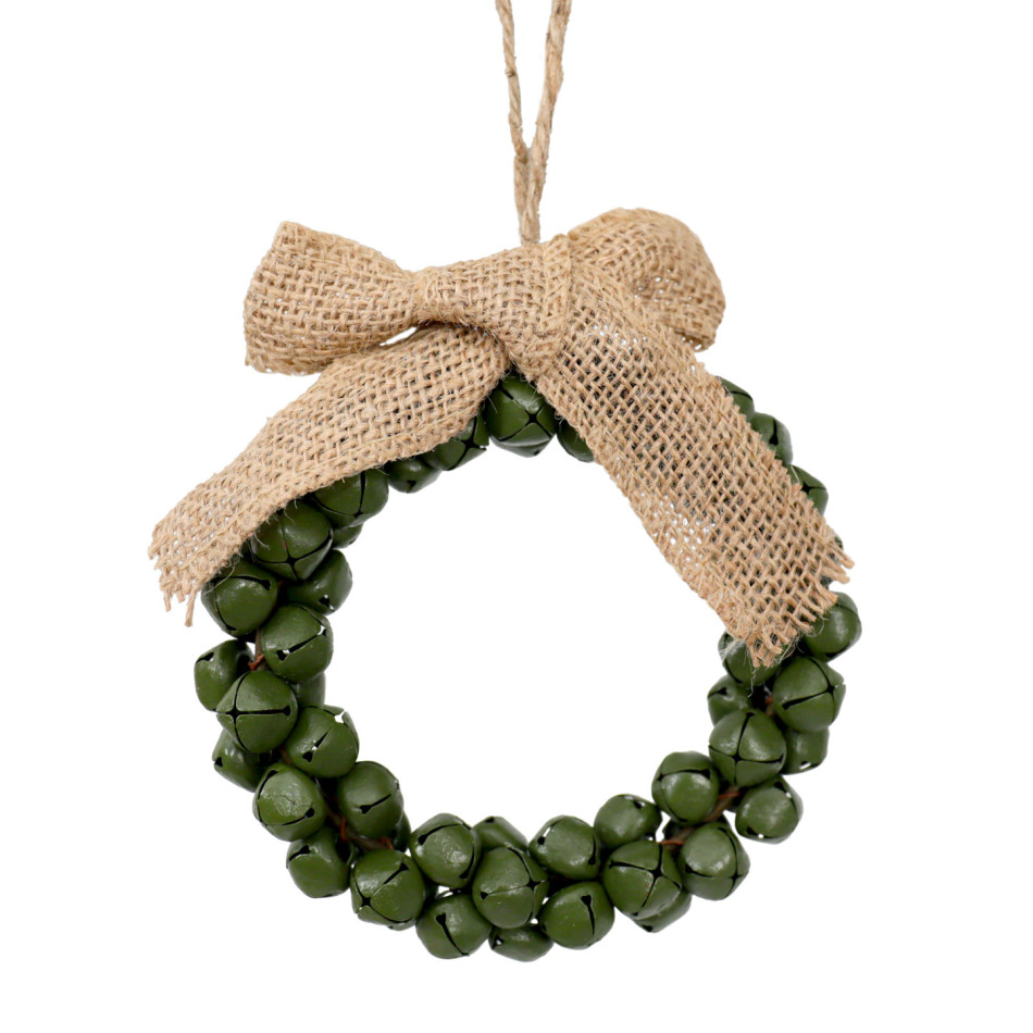 Green metal jingle bell wreath with a natural hessian bow and jute hanging loop against white