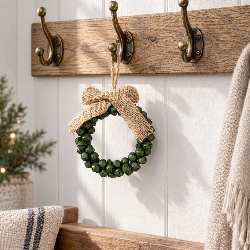 Green jingle bell wreath hanging on a wooden coat rack above a bench beside a small Christmas tree