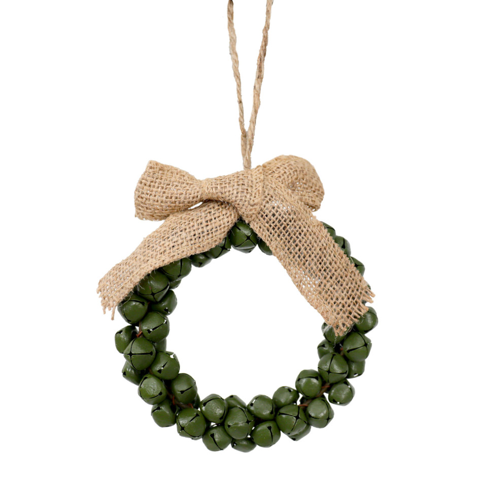 Green jingle bell wreath shown with its extended jute hanging loop and hessian bow on a white background